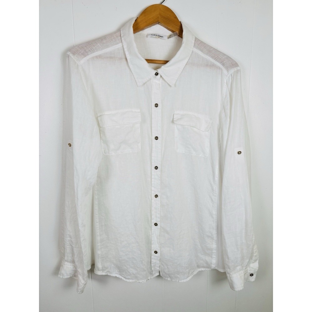 Calvin Klein Women XL White‎ Linen Button Down Blouse Shirt Roll Tab Sleeve